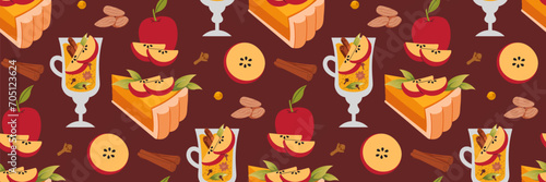 Apple pie slice seamless pattern. Delicious sweet apple pastries. Hand-drawn cake, punch and spices.