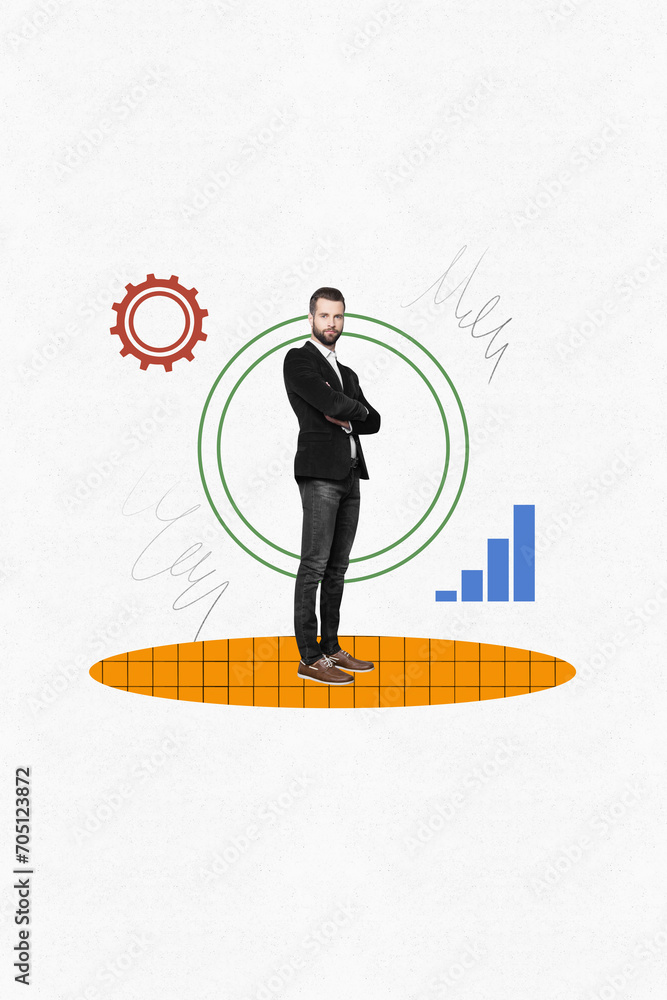 Obraz premium Vertical collage picture illustration handsome busy enjoy man progress mechanism optimization work trade target startup doodle sketch