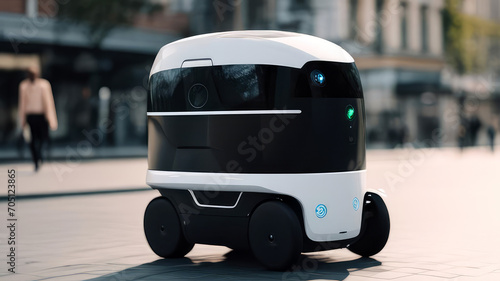 Autonomous food delivery robot on a blurred city street background.Modern package delivery bot.Generative AI photo