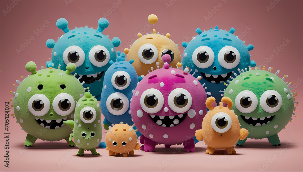 A group of small monsters with googly eyes, featuring adorable coronavirus and bacteria stuffed toys – cute monsters.