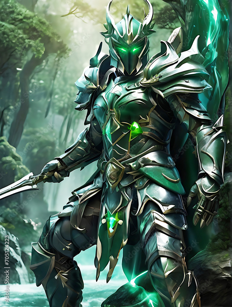 Portrait of a praying medieval knight with his sword in front of a dark stone. heroic fantasy green jade colored armored knight, wielding jade green colored energy mystical large axe - obrazy, fototapety, plakaty 