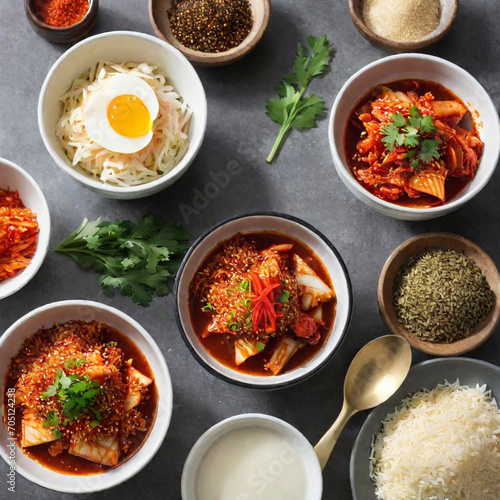 Delicious Korean kimchi rice cuisine on the table, kitchen

