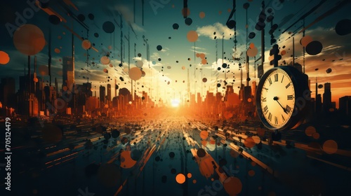 Time concept with clock and city at sunset photo