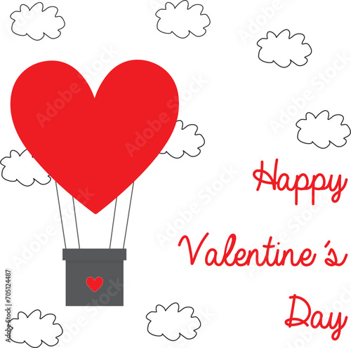 Tarjeta de felicitación del día de San Valentín con un globo aerostático en forma de corazón y nubes. Vector
