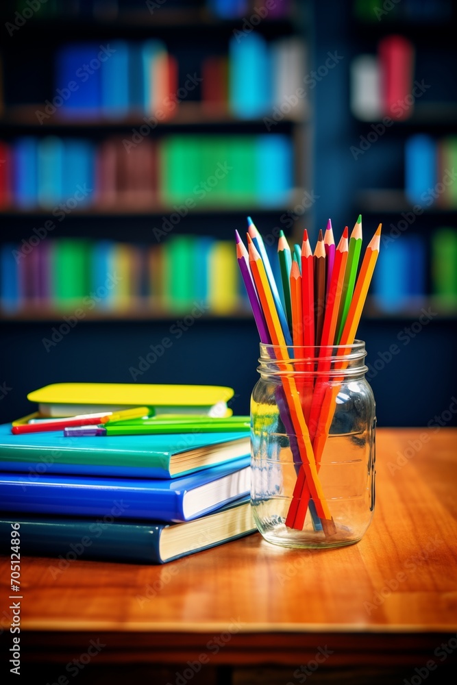 A vertical glass with colorful pencils standing on the desk next to few books and shelves for back to school concept A vertical glass with colorful pencils standing on the desk next to few books and shelves for back to school concept
