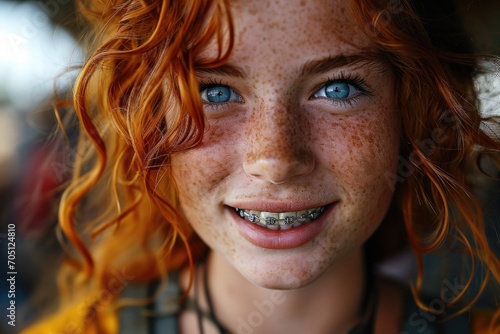 Portrait of a young red-haired woman with braces on her teeth on a street background. Long curly red hair