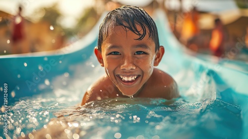 Close up photo of happy cheerful eastern descent boy sliding from water slide in aquapark recreation activity