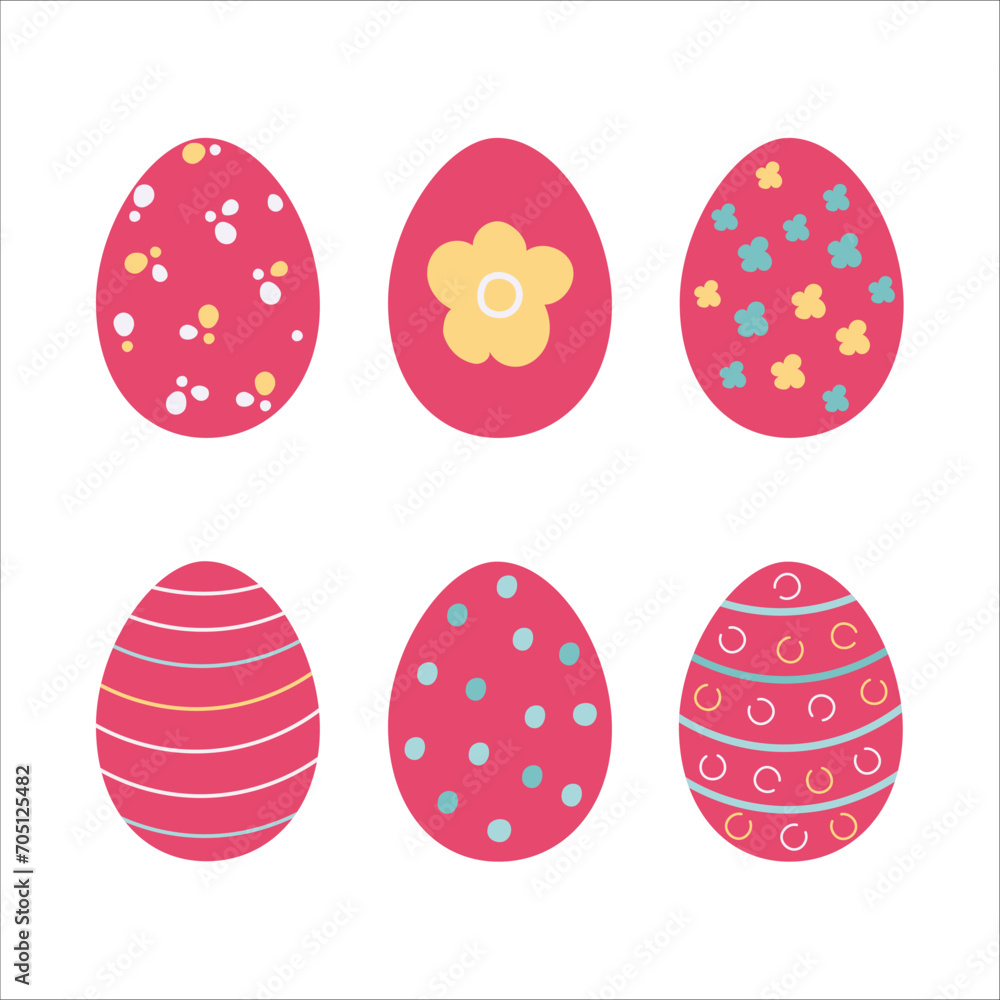 Easter egg collection. Red. Abstract and floral patterns. Vector illustration, isolated objects on white background.	