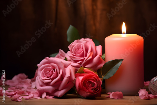 Pink rose with candle and petals on woodtable	