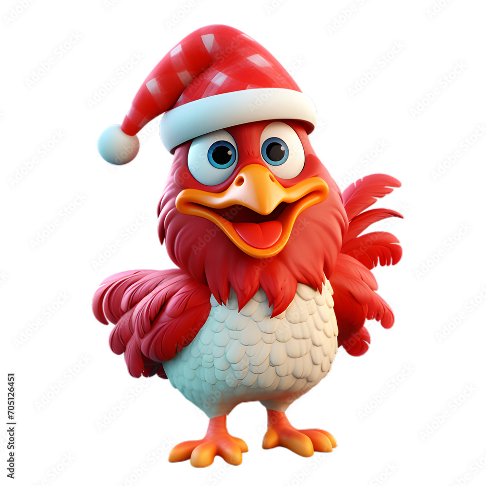 3d rooster wearing santa hat isolated on white and transparent background
