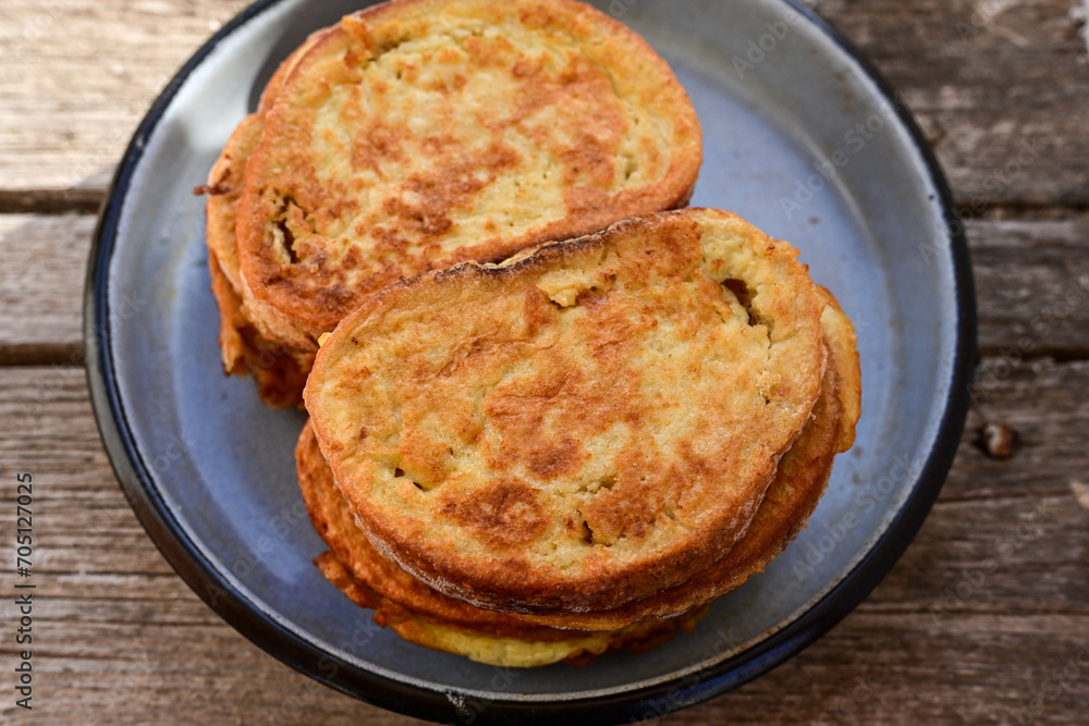 French toast and white cheese. Rustic breakfast made from deep fried bread with organic free range eggs French toast and white cheese. Rustic breakfast made from deep fried bread with organic free range eggs