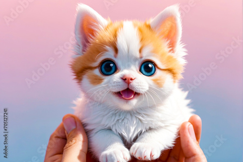 Hand holding a small cute kitten. Little fluffy kitten