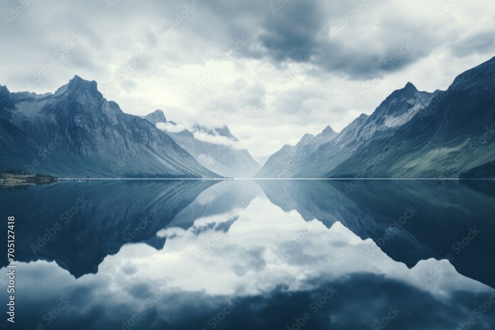 A reflective shot of a calm lake mirroring the mountains. Generative AI