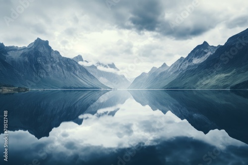 A reflective shot of a calm lake mirroring the mountains. Generative AI © Aditya