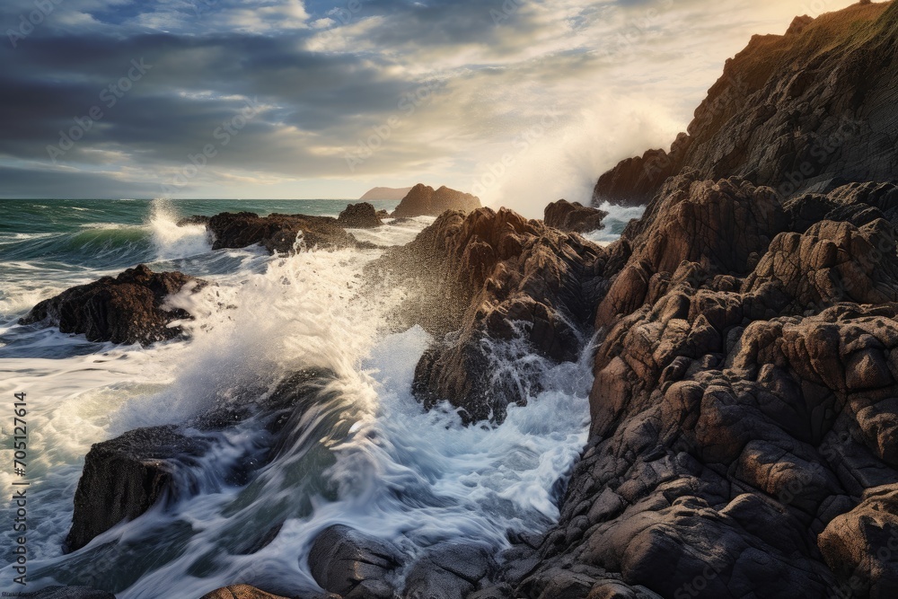 A serene seascape with waves crashing on rocks. Generative AI