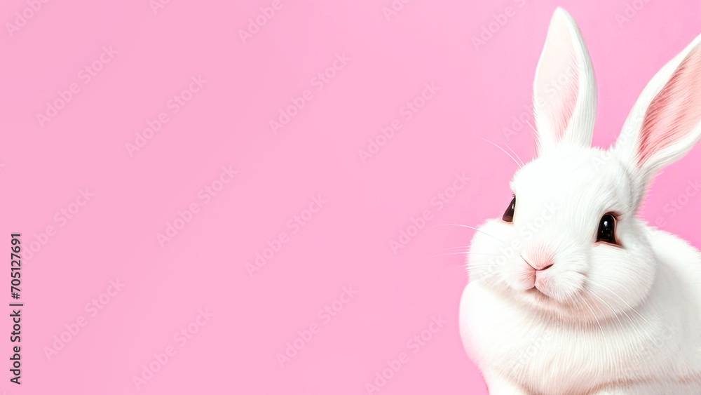 Fototapeta premium Beautiful easter card with cute bunny on pink background with copy space for your text. Banner with Easter rabbit