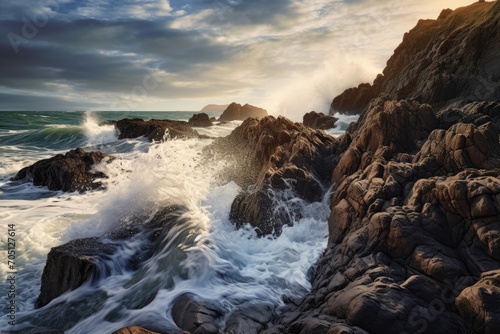 A serene seascape with waves crashing on rocks. Generative AI