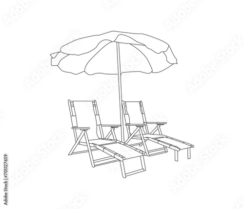 Vector one line drawing beach umbrella chair for summer holiday concept