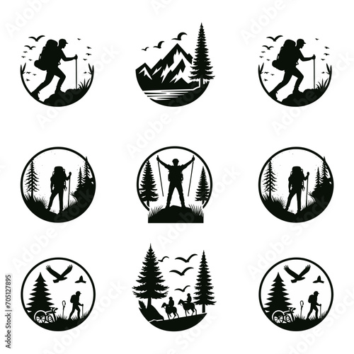 set of hiker silhouette vector illustration