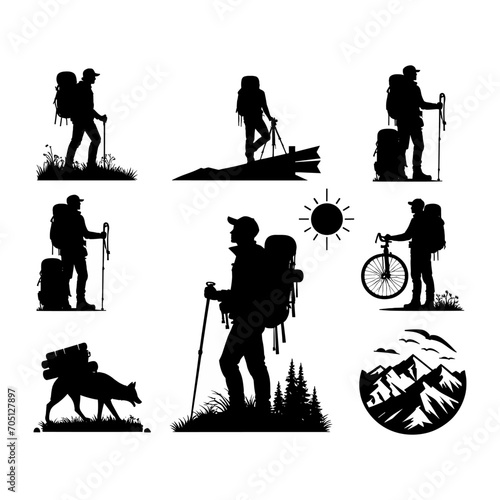 set of hiker silhouette vector illustration