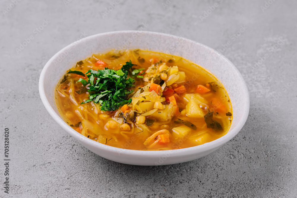 Vegetable soup on stone, top view Vegetable soup on stone, top view