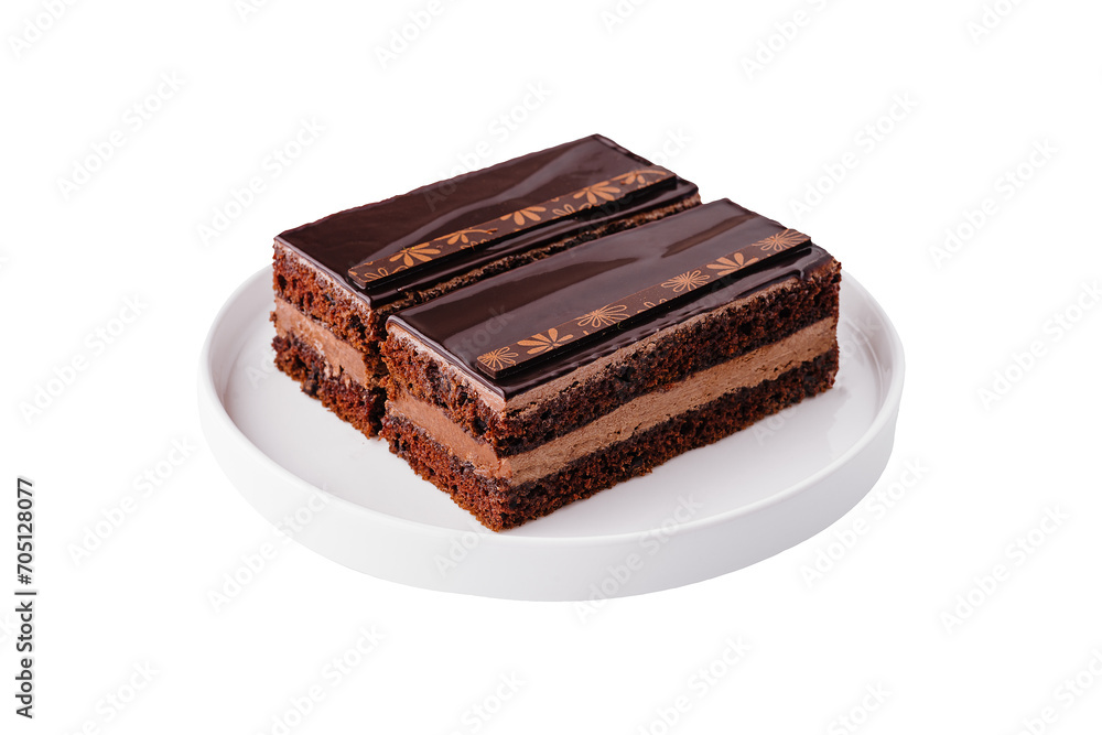 two sliced chocolate cake on a white plate two sliced chocolate cake on a white plate