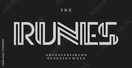 Lined blocky font, innovative geometric alphabet for modern logo, architectural headline, business typography. Monolithic luxurious geometrical style for urban futuristic designs. Vector maze typeset.