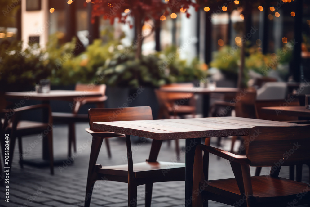 Empty table in an outdoor cafe on a city street, showing elegant wooden furniture and vintage atmosphere.