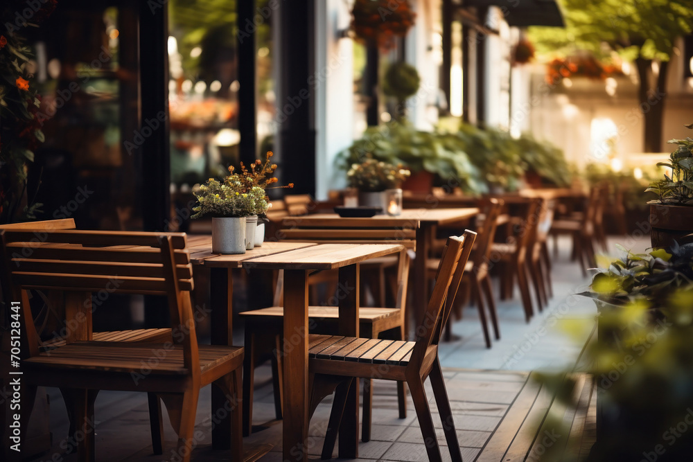 Charming outdoor restaurant terrace with empty tables and chairs, decorated with vintage decor. Charming outdoor restaurant terrace with empty tables and chairs, decorated with vintage decor.