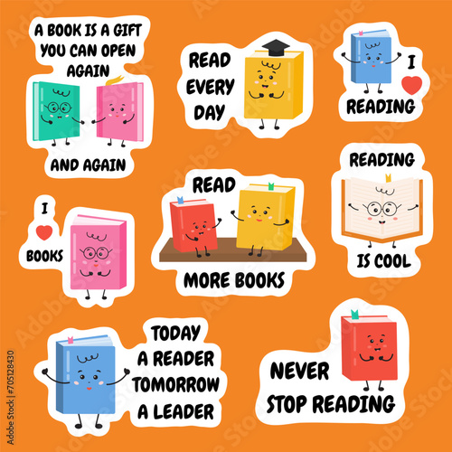 Collection of stickers with motivation inspirational quotes about books, reading, learning. Books lover, reading books, readers concept. Motivation of reading for kids, children.