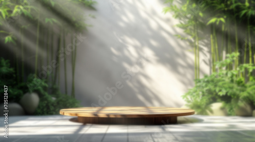 Beautiful original background image of an empty wooden podium and space with green plants. Blurred backdrop with a play of light and shadow on the wall and floor for design or creative work.