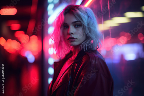 Fashionable woman in the night city, radiating beauty and style among the neon lights and elegance.