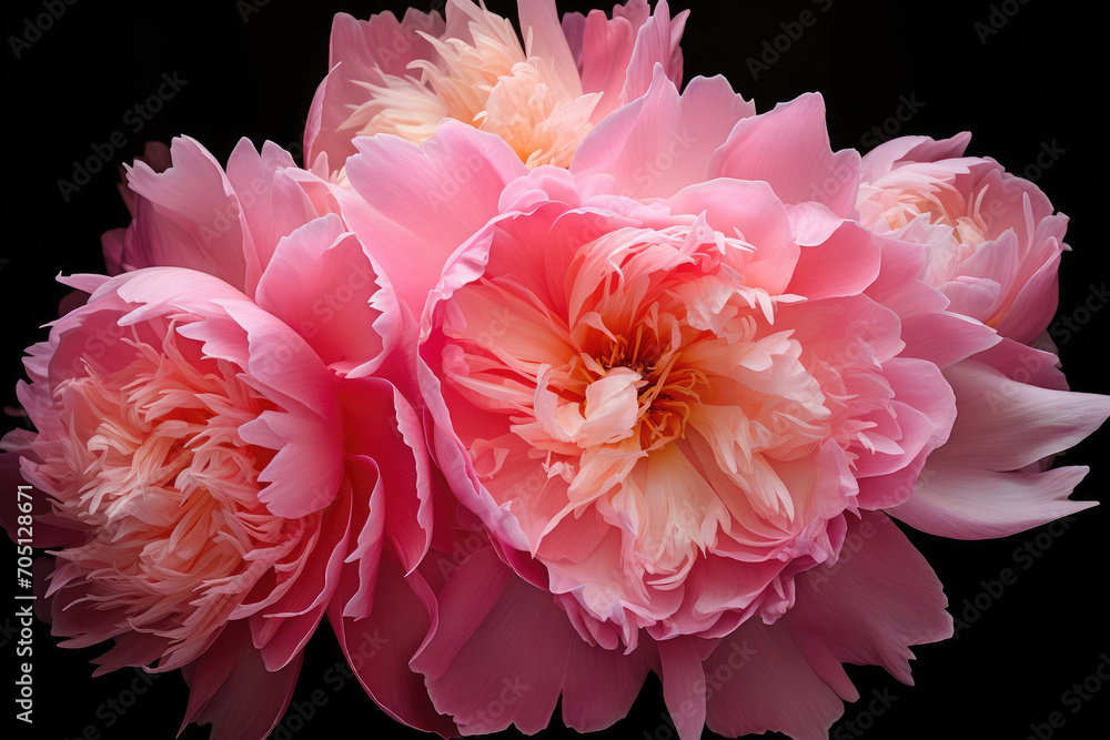 Macro photo of light coral or delicate pink peony flower on dark background Macro photo of light coral or delicate pink peony flower on dark background