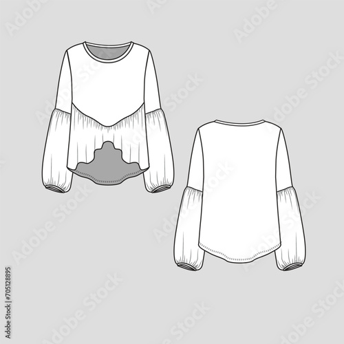 Ruffles Lantern sleeve top crew Neck Ruffles high low dip hem gatherings detail Fashion clothing outline flat sketch technical drawing template design