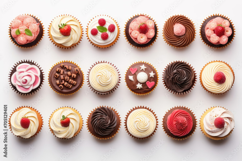 Top view of the assortment of many different cupcakes with colorful frosting and berries on white table background. Bakery concept Top view of the assortment of many different cupcakes with colorful frosting and berries on white table background. Bakery concept