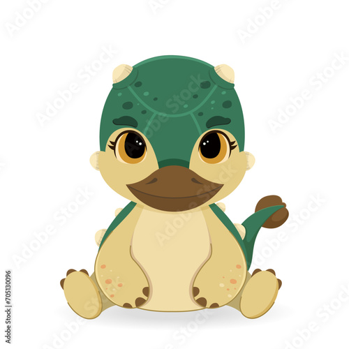 Cute, green, colorful baby dinosaur. Small ankylosaur. Ancient, prehistoric world. Fossil. Vector, bright illustration in cartoon style.