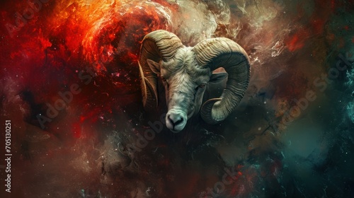 Inflamed Aries zodiac sign in red misty backdrop.