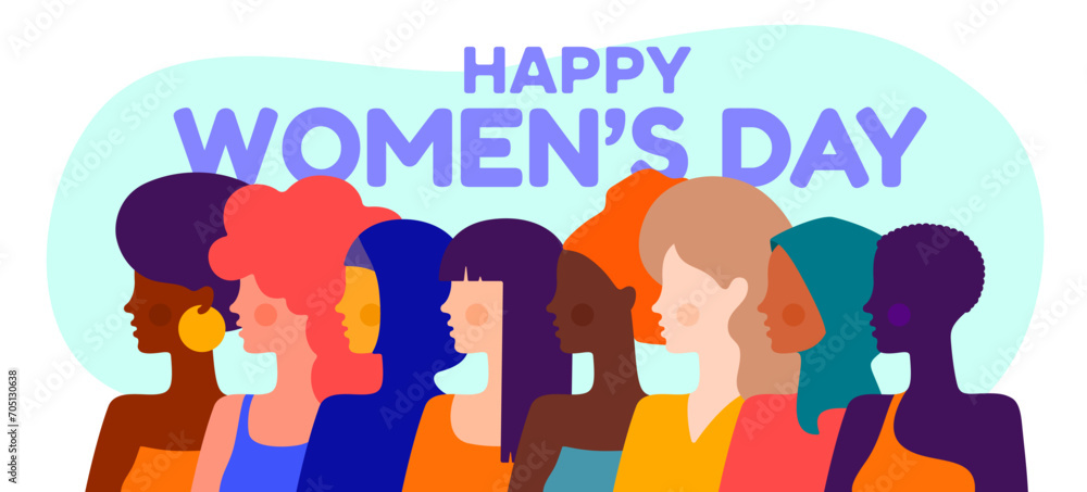 Happy Womens Day. Different ethnicity multi-ethnic parade beauty women. Simple character women different nationalities, races, Arab, Asian, European, African. Chinese, Latin women. Vector Illustration Happy Womens Day. Different ethnicity multi-ethnic parade beauty women. Simple character women different nationalities, races, Arab, Asian, European, African. Chinese, Latin women. Vector Illustration
