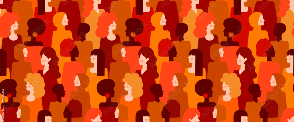 Pattern crowd beauty young women, trendy seamless background. Pattern diverse stylish woman different nationalities, races, ethnicity. Background woman, graphic seamless pattern. Vector Illustration Pattern crowd beauty young women, trendy seamless background. Pattern diverse stylish woman different nationalities, races, ethnicity. Background woman, graphic seamless pattern. Vector Illustration