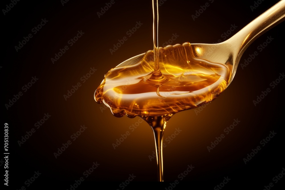 Photo of a droplet of honey dripping from a spoon. Generative AI - obrazy, fototapety, plakaty 