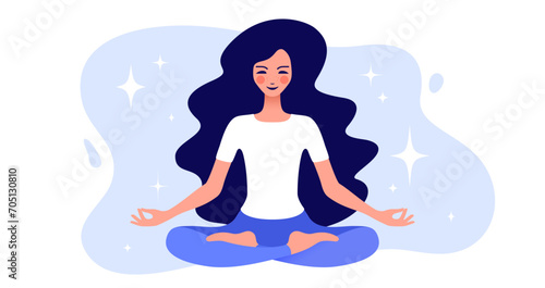 Woman in yoga meditation pose. Beautiful woman sitting in yoga lotus meditation pose, relax, breath on white background. Cute woman doing exercise, practicing yoga, lifestyle. Vector illustration
