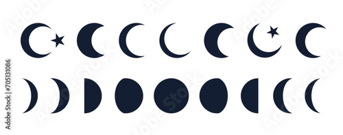Moon crescent set. Half moon, crescent with star. Half moon symbol, graphic elements, light star shapes graphic, phase moon mystic crescent icon collection. Vector Illustration