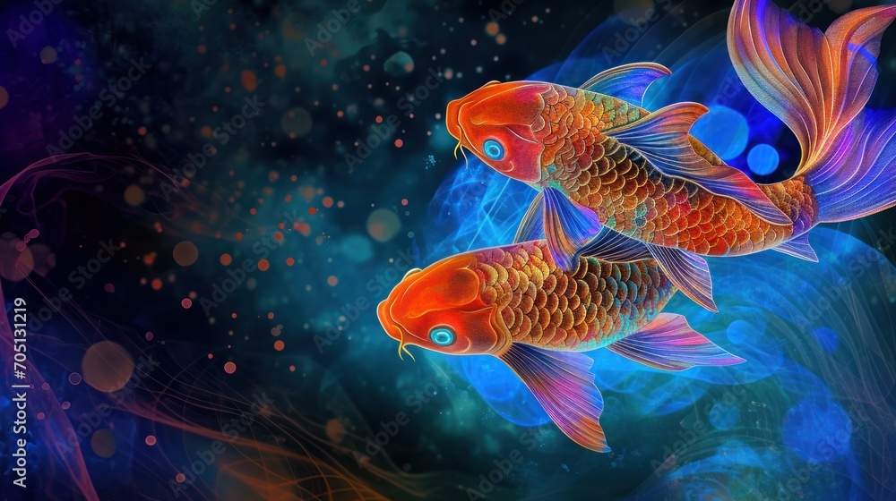 Two abstract fish intertwined in a dynamic, watery light composition on a red-blue misty background Two abstract fish intertwined in a dynamic, watery light composition on a red-blue misty background