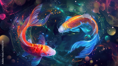 Two abstract fish intertwined in a dynamic, watery light composition on a red-blue misty background