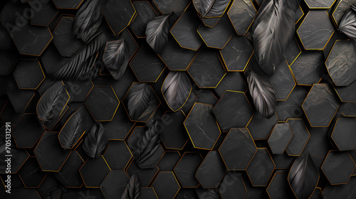 feathers on dark hexagon oak wood texture © Klay