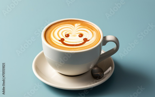 A warm  inviting cup of coffee with a cheerful  smiling face drawn in the frothy crema  set against a soft  soothing pastel blue background