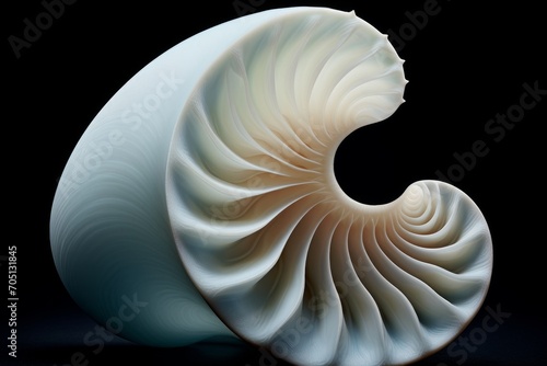 Photo of a spiral seashell, highlighting its curves. Generative AI