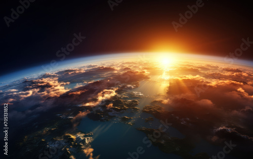 Stunning sunrise view from space showcasing Earth's horizon with atmospheric glow and sunburst, depicting the beauty and fragility of our planet © Bartek