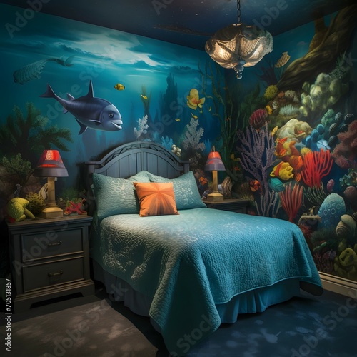 Underwater Kid s Bedroom Theme A bedroom that features an underwater theme with sea creatures, coral, and ocean colors. Think of a bed with a fish-shaped headboard, an accent wall with an underwate