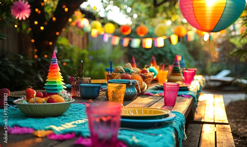 Vibrant outdoor party setting with colorful decorations, paper lanterns, party hats, and a festive table set for a joyful celebration in a lush garden